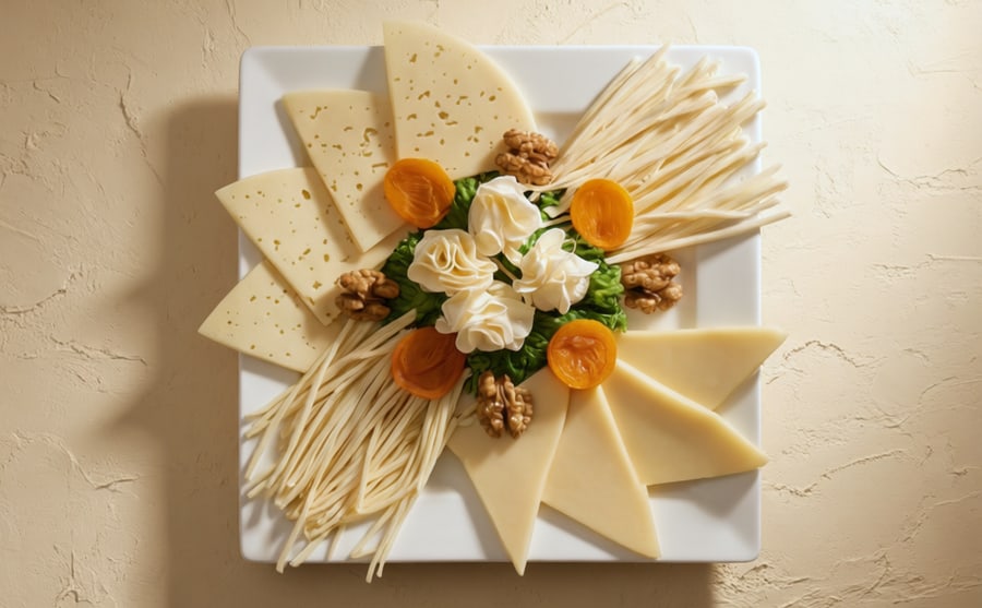 Cheese mix at Derian, Yerevan — Armenian cheeses and string cheese with walnut and apricot — salty against sweet, and the board that keeps a table talking.